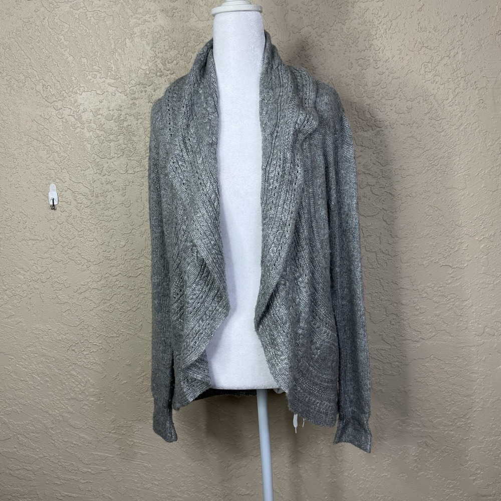 White House Black Market Women Open Cardigan Gray Shimmer Waterfall Winter Fairy